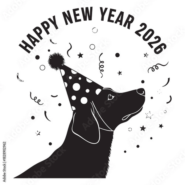 Obraz Happy New Year 2026 Dog Silhouette Wearing Party Hat with Confetti, Festive Animal Vector Illustration