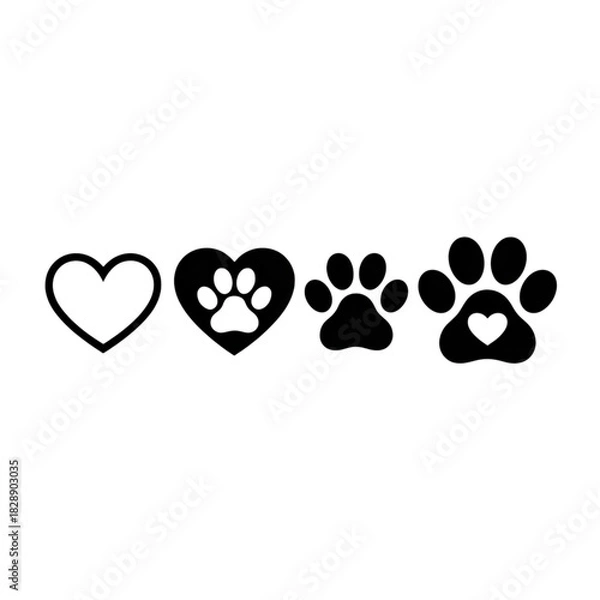 Fototapeta Black heart and paw print icons for pet love isolated on transparent background