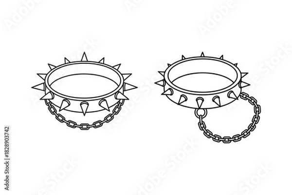 Fototapeta Set of collar with spikes on chain line art vector illustration