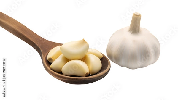 Obraz Fresh garlic cloves isolated on transparent background in a wooden spoon and whole bulb on white background
