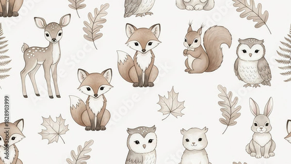 Obraz Charming woodland creatures pattern for adorable nursery decor and baby products with sweet deer, fox, squirrel, owl, and rabbit illustrations
