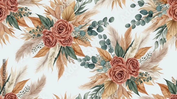Obraz Earthy floral pattern featuring roses, pampas grass, and eucalyptus for modern bohemian designs and elegant wedding invitations that offer warmth and natural beauty