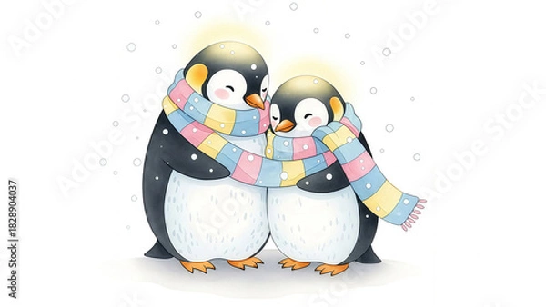 Obraz Cozy up with this adorable penguin couple sharing a colorful scarf, perfect for winter greetings and heartfelt messages of love and friendship