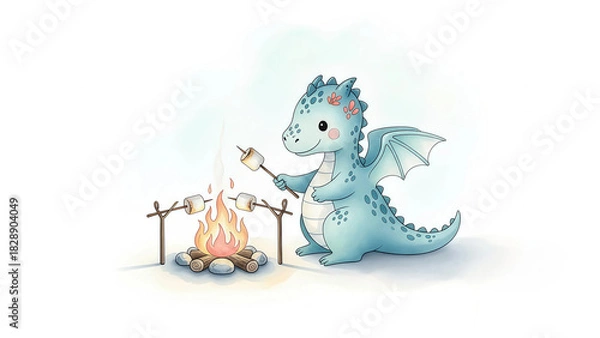 Obraz Charming dragon roasting marshmallows by campfire, a whimsical scene for children's books, invites cozy feelings and storytelling, perfect for kids