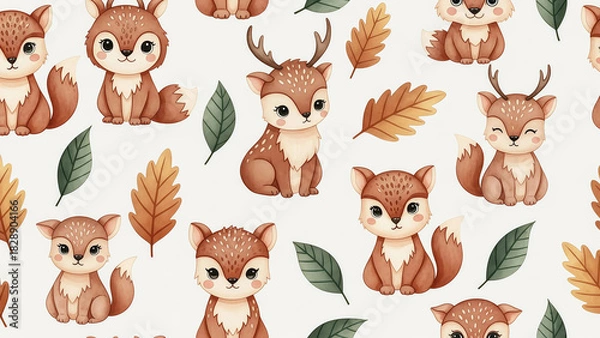 Obraz Adorable watercolor woodland animals pattern, perfect for nursery decor and baby gifts, featuring cute deer and foxes with autumn leaves