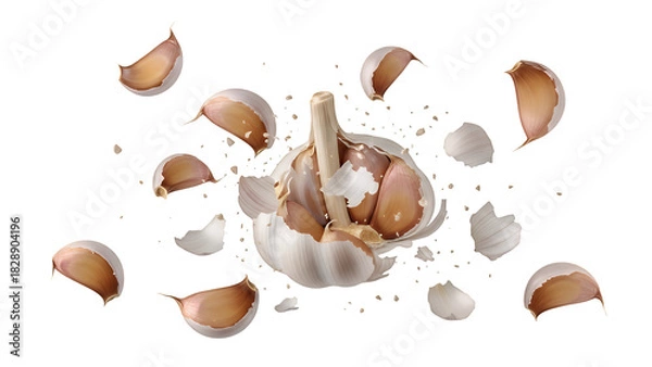 Obraz Exploding Garlic Bulb with Cloves Isolated on Transparent Background, Organic Food Ingredient