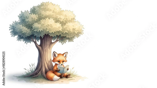 Obraz Adorable fox engrossed in a captivating book under a shady tree, perfect for children's illustrations and storybooks, creating a whimsical and educational scene