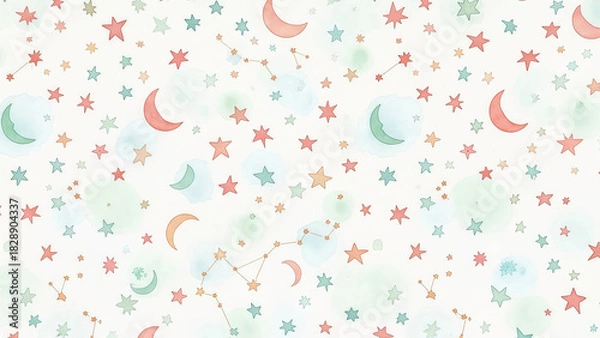 Obraz Dreamy pastel celestial pattern with moons, stars, and constellations, perfect for nursery decor, children's designs, and magical themed projects