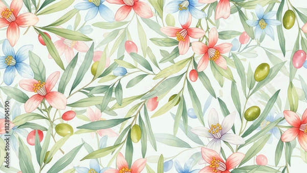 Obraz Delicate watercolor floral pattern with olive branches for elegant designs, invitations, and springtime projects, creating a fresh, organic feel.