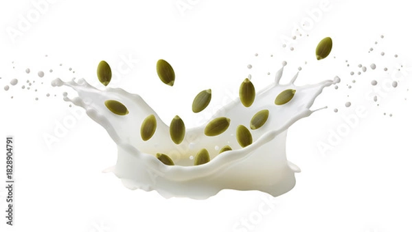 Obraz Dynamic splash of healthy white liquid with vibrant green pumpkin seeds elegantly falling, capturing a fresh and energetic moment, isolated on transparent background