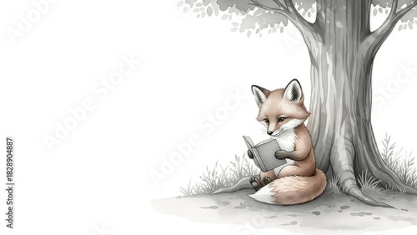 Obraz Adorable fox engrossed in reading a book under a majestic tree, bringing a touch of woodland charm and whimsical storytelling to any project