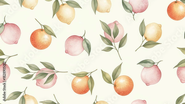 Obraz Elegant seamless pattern of hand-painted lemons, oranges, and grapefruits with leaves creates a fresh, vibrant, and summery feel for your design projects