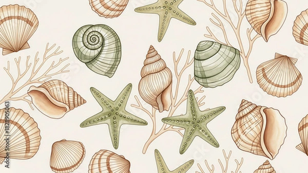 Obraz Dreamy ocean shells and starfish pattern for summer designs, coastal decor, and beach-themed projects, calming neutral tones, elegant watercolor details