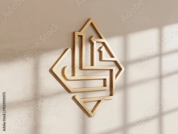 Fototapeta Sophisticated golden logo design for modern brand identity and elegant corporate visuals, casting soft shadows on a textured wall in a minimalist interior setting