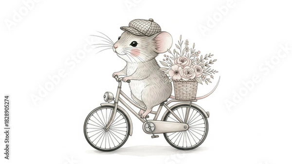 Obraz Adorable mouse in cap rides bicycle with flower basket for charming storybook illustration or whimsical greeting card design with sweet vintage feel
