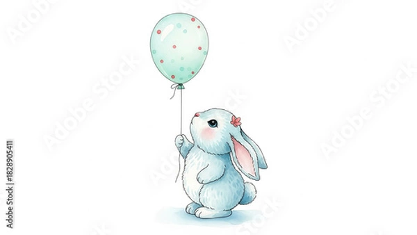 Obraz Adorable watercolor bunny holding a balloon, perfect for children's book illustrations or charming springtime designs and Easter themes