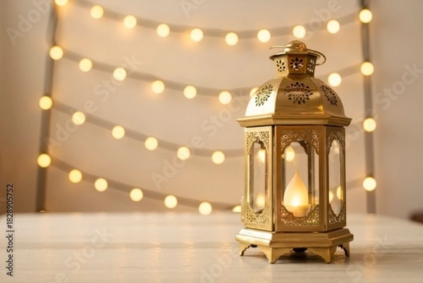 Fototapeta Elegant gold lantern casting a warm glow, perfect for Ramadan celebrations or festive decor, with bokeh lights adding a touch of magic and serenity