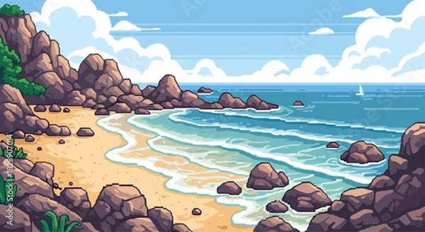 Fototapeta Pixel art illustration of a serene rocky beach with gentle waves and a sailboat in the distance under a cloudy sky.