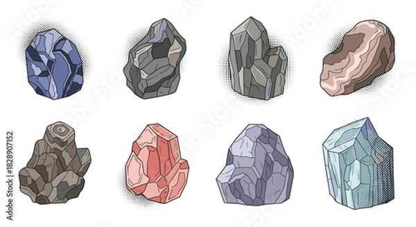 Fototapeta Collection of eight colorful and distinct mineral and crystal illustrations on a white background.