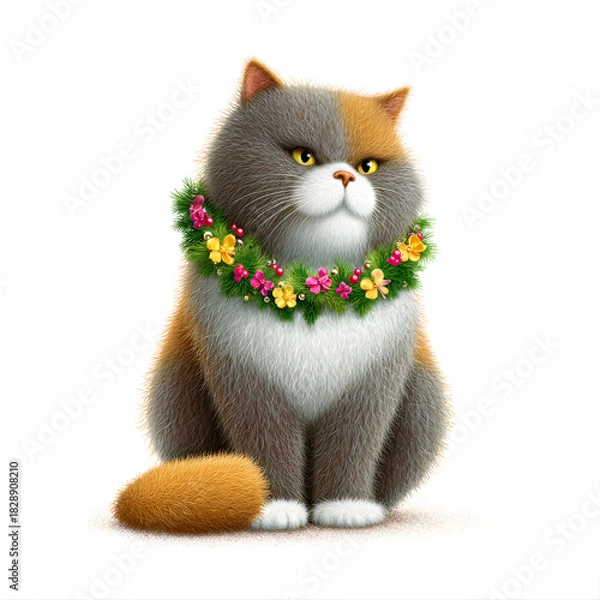Obraz Grumpy but Cute Cartoon Cat Wearing a Bright, Festive Flower Wreath 