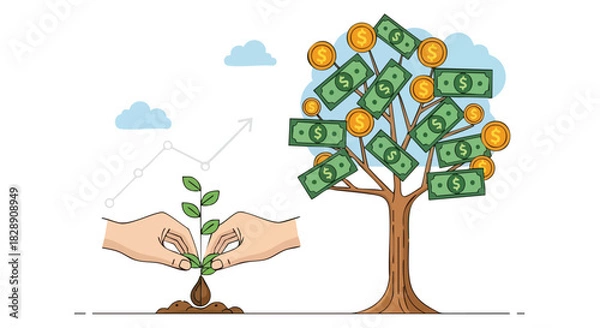 Obraz A cartoon illustration depicts hands planting a sapling, symbolizing growth, while a money tree laden with bills and coins represents financial success and investment.