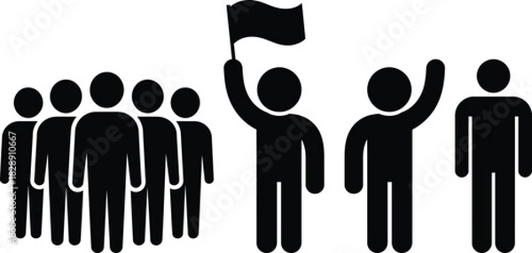 Fototapeta Abstract group leader with flag, raised arm, crowd, and followers