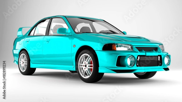 Fototapeta Cyan sport tuned car on white background front view