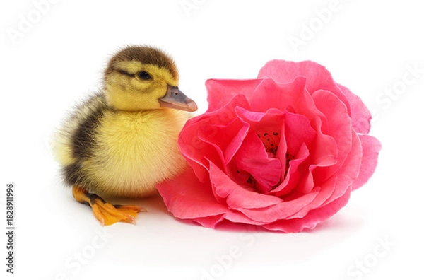 Fototapeta Duckling with a pink rose.