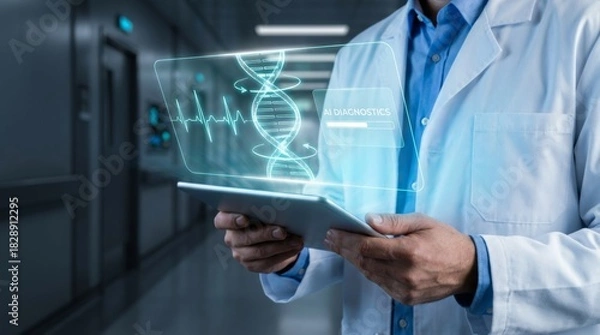 Obraz A doctor holding tablet with hologram of AI diagnostic, DNA, heartbeat, digital data, medical technology, healthcare interface, virtual analysis, futuristic health platform.