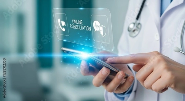 Obraz Doctor hand touching smartphone with online consultation hologram, digital healthcare interface, virtual medical icon, remote access display, modern health technology panel.