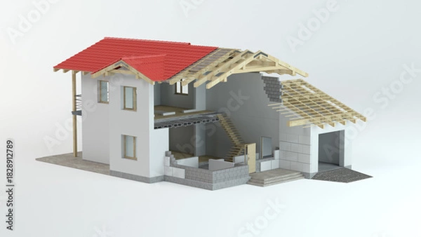 Fototapeta 3D Cutaway House Construction Model with Roof Structure and Interior Layout, 3d illustration