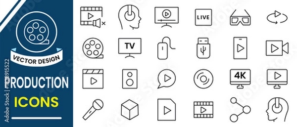 Fototapeta Multimedia and Production icon set. Cinema line icon, vector set collection. Containing camera, play, pause, production, player, media, online video, live, movie and cinema icons. Vector illustration.