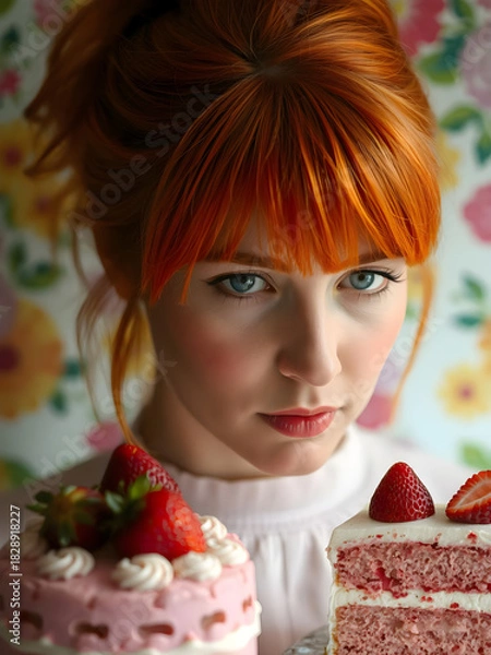 Fototapeta Mirada profunda frente a un pastel de fresas con fondo multicolor