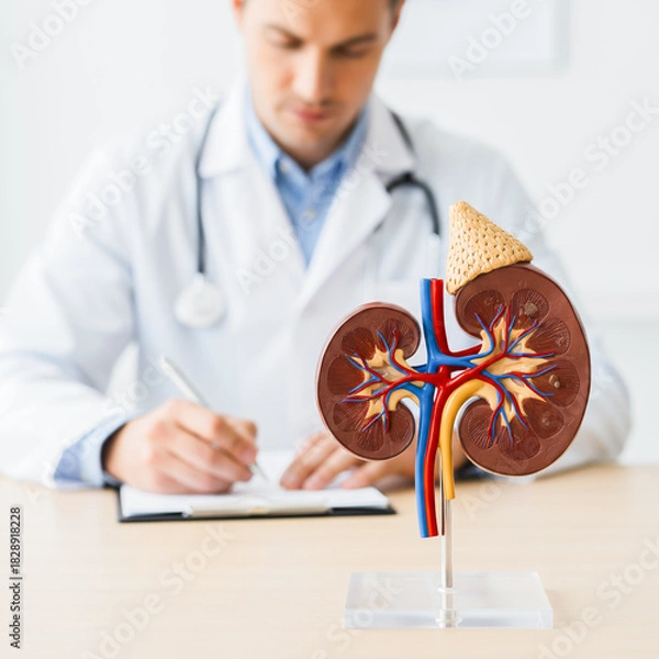Fototapeta Kidney Anatomy Model in Medical Consultation with Doctor, Clinical Discussion Using Urinary System Anatomical Model