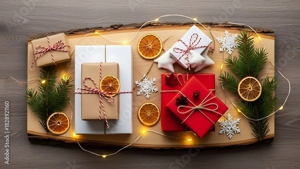 Obraz Overhead view of beautifully wrapped Christmas gifts and festive decorations arranged on a rustic wooden board with fairy lights.