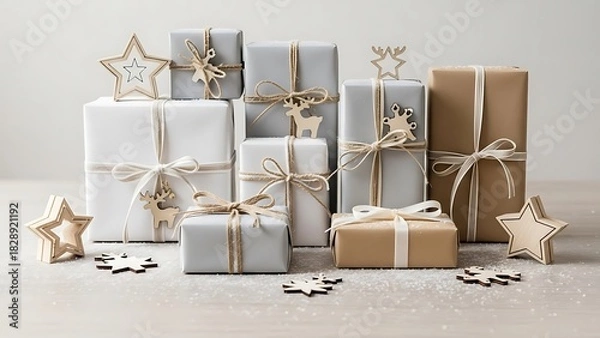 Obraz A charming collection of festive gifts wrapped in white, grey, and kraft paper, adorned with natural twine and wooden ornaments, set against a light background.