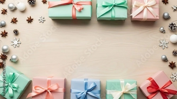 Obraz Flat lay of pastel gift boxes and festive decorations on a light wooden background, creating a holiday frame.