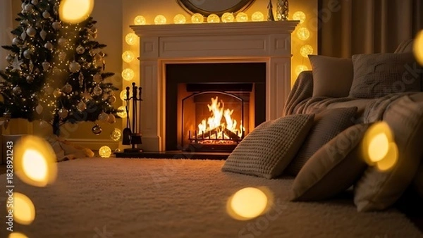 Obraz Cozy living room with a burning fireplace and a decorated Christmas tree, illuminated by warm bokeh lights.
