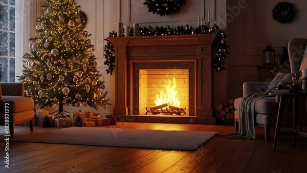 Obraz A cozy Christmas living room with a decorated tree, a warm fireplace, and an armchair, creating a festive and inviting atmosphere.
