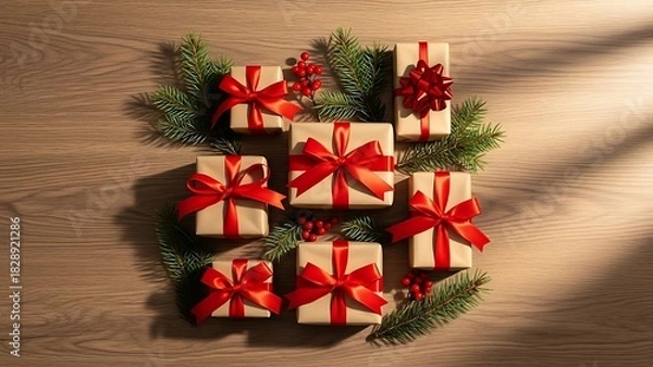 Obraz Overhead view of multiple Christmas gift boxes with red ribbons and fir branches on a wooden table, ready for holiday celebrations.
