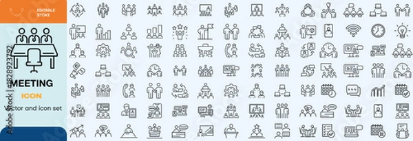Fototapeta Meeting icon set. Containing seminar, business meeting, presentation, interview, conference, assembly, agreement and discussion icons. Solid icon collection.