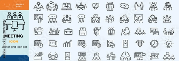 Fototapeta Meeting icon set. Containing seminar, business meeting, presentation, interview, conference, assembly, agreement and discussion icons. Solid icon collection.