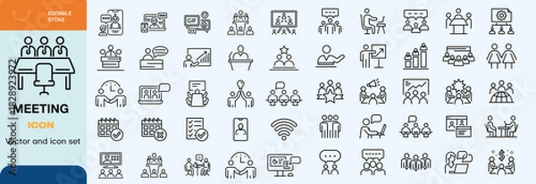 Fototapeta Meeting icon set. Containing seminar, business meeting, presentation, interview, conference, assembly, agreement and discussion icons. Solid icon collection.