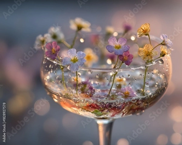 Fototapeta Ethereal Wildflower Cocktail in a Coupe Glass with Twinkling Bokeh Lights.