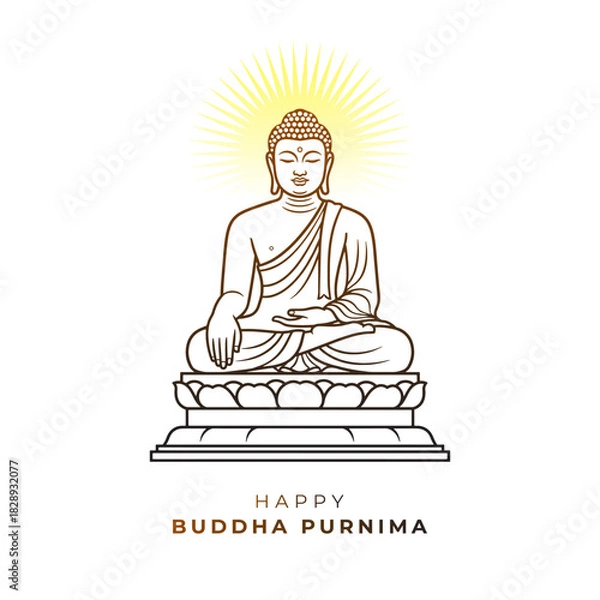 Fototapeta Happy Vesak Day, lord Buddha Purnima wishes greetings, card and line art on white background.