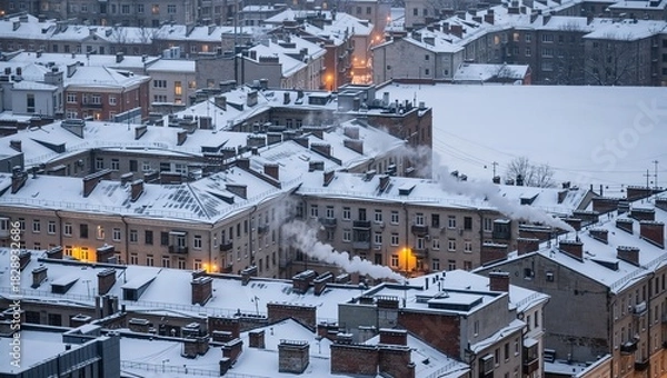 Fototapeta Snowy rooftops of an old European city on a cold winter evening. Urban landscape with smoking chimneys and glowing windows