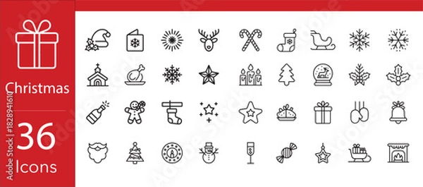 Fototapeta A set of 36 Christmas icons. A collection of minimalist vector outlines including a snowman, reindeer. A modern outline graphic pack for holiday UI design, web design, elements for festive stationery.