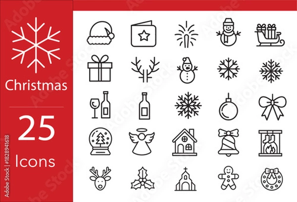 Fototapeta A set of 25 Christmas icons. A collection of minimalist vector outlines including a snowman, reindeer. A modern outline graphic pack for holiday UI design, web design, elements for festive stationery.