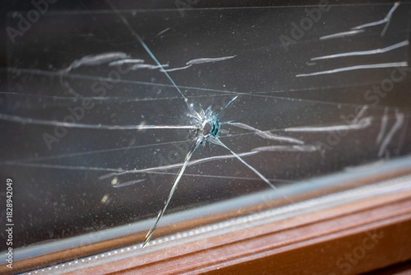Fototapeta Close-up of a cracked window glass with a central impact point that resembles damage from a possible projectile.
