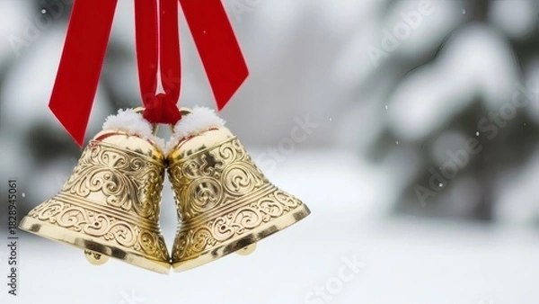 Fototapeta Stunning golden Christmas bells with red ribbon create a festive mood in a snowy winter wonderland for holiday season greetings